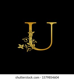 Golden Letter U Luxury  Logo Icon, vintage design concept floral leaves with letter  U gold color for initial, luxuries business, hotel, wedding service and more brand identity.