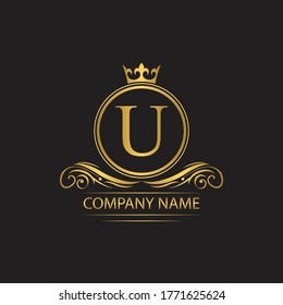 Golden letter U template  logo Luxury letter with crown.  Monogram alphabet . Beautiful royal initials letter.