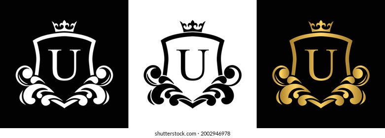 Golden Letter U template logo Luxury shield letter with crown. Monogram alphabet . Beautiful royal initials letter.
