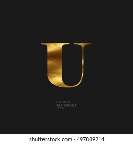 Golden Letter U. Typographic vector element for design. Part of glow golden painted alphabet. Letter U with golden paint texture. Vector illustration