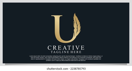 Golden letter U with unique feather combination logo design Premium Vector