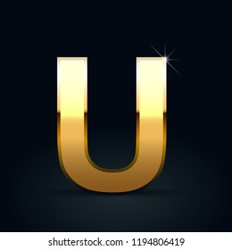 Golden letter U uppercase. Vector font isolated on black background