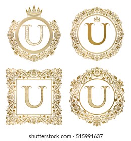 Golden letter U vintage monograms set. Heraldic coats of arms, round and square frames.