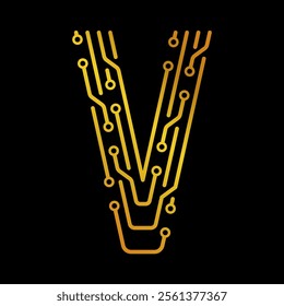 Golden Letter V with Electronic Circuit Lines and Dots on a Black Background, Suitable for Technology and Communication Concepts