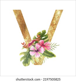 Golden letter V of the English alphabet with a watercolor bouquet of tropical leaves and flowers. Hand-drawn vector illustration