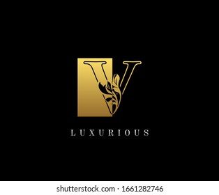 Golden letter V Graceful royal style with square shape. Vintage drawn emblem for book design, weeding card, brand name, business card, Restaurant, Boutique, Hotel. 
