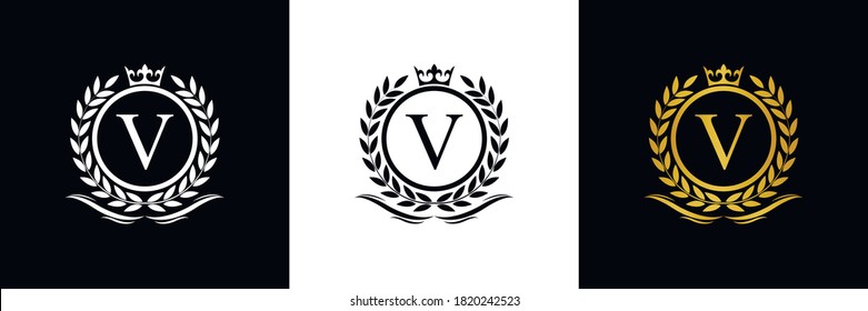 Golden Letter V laurel wreath template logo Luxury gold letter with crown. Monogram alphabet . Beautiful royal initials letter.	