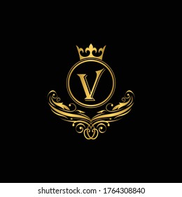 Golden letter V logo Luxury letter with crown.  Monogram alphabet . Beautiful royal initials letter. template logo for design 
