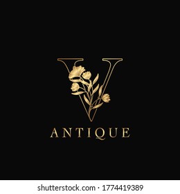 Golden Letter V Luxury Flowers Initial Logo Template Design. Monogram antique ornate nature floral leaf with initial letter.