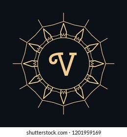 Golden letter V and round ornament, monogram frame border, line art icon. Vector floral geometric motif. Isolated design element for brochure, invitation or business card, logo, emblem. Gold and black