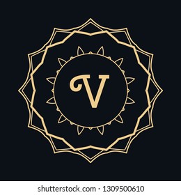 Golden letter V and round ornament, monogram frame border, line art icon. Vector floral geometric motif. Isolated design element for brochure, invitation or business card, logo, emblem. Gold and black
