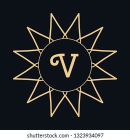 Golden letter V and round ornament, monogram frame border, line art icon. Vector floral geometric motif. Isolated design element for brochure, invitation or business card, logo, emblem. Gold and black