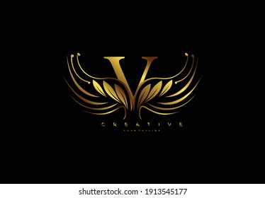 Golden Letter V Typography Flourishes Logogram Beauty Wings Logo