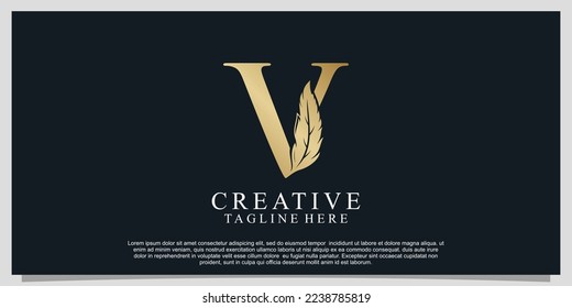 Golden letter V with unique feather combination logo design Premium Vector