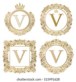 Golden letter V vintage monograms set. Heraldic coats of arms, round and square frames.