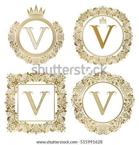 Golden letter V vintage monograms set. Heraldic coats of arms, round and square frames.