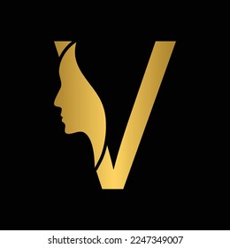 golden letter V woman face vector template logo beauty salon 