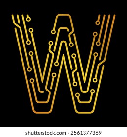 Golden Letter W with Electronic Circuit Lines and Dots on a Black Background, Suitable for Technology and Communication Concepts