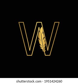 golden  letter W. feather letters. Vintage ornament initial Alphabet. Logo vector  