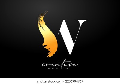 Golden Letter W logo desgn with Artistic Colorful Blue Purple Paintbrush Stroke Vector. Elegant Initial Modern W Logo Icon Idea with Serif Font Vector Illustration.