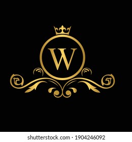 Golden letter W logo Luxury letter with crown.  Monogram alphabet . Beautiful royal initials letter. template logo for design 
