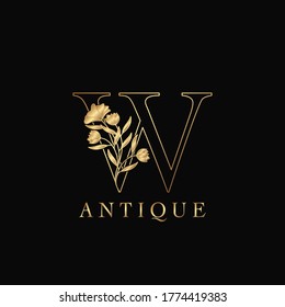 Golden Letter W Luxury Flowers Initial Logo Template Design. Monogram antique ornate nature floral leaf with initial letter.