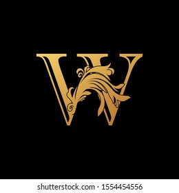 Golden Letter W Luxury  logo.  Design concept vintage  luxury classy gold monocrome leaves with letter logo icon best for initial, luxury, boutique, restaurant, wedding service, hotel.