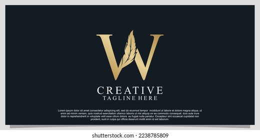 Golden letter W with unique feather combination logo design Premium Vector