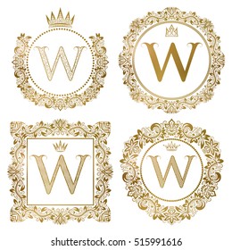 Golden letter W vintage monograms set. Heraldic coats of arms, round and square frames.