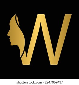 golden letter W woman face vector template logo beauty salon 