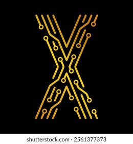 Golden Letter X with Electronic Circuit Lines and Dots on a Black Background, Suitable for Technology and Communication Concepts