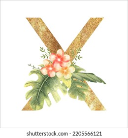 Golden letter X of the English alphabet with a watercolor bouquet of tropical leaves and flowers. Hand-drawn vector illustration