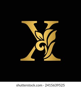 golden letter X flower letters. Vintage ornament initial Alphabet. Logo vector	