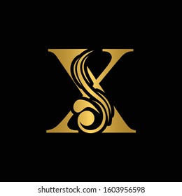 Golden letter X. Gold flower alphabet.  Beautiful golden capital letters with shadow