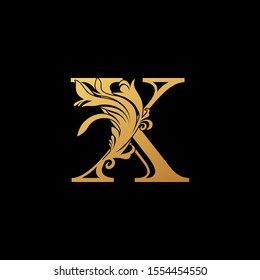 Golden Letter X Luxury  logo.  Design concept vintage  luxury classy gold monocrome leaves with letter logo icon best for initial, luxury, boutique, restaurant, wedding service, hotel.