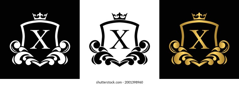 Golden Letter X template logo Luxury shield letter with crown. Monogram alphabet . Beautiful royal initials letter.