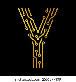 Golden Letter Y with Electronic Circuit Lines and Dots on a Black Background, Suitable for Technology and Communication Concepts