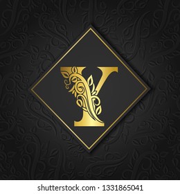 Golden letter Y with elegant floral contour isolated on colorful separate background. Premium letter Y or background great for logo, monogram, invitation, flyer, menu, brochure, card, cover, fashion.