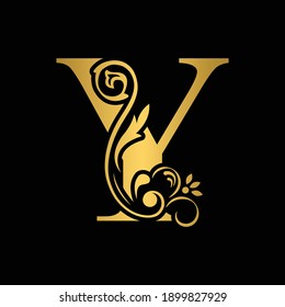 golden  letter Y. flower  letters. Vintage ornament initial Alphabet. Logo vector 
