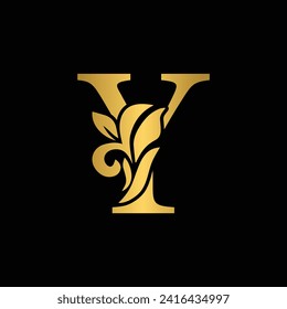 golden letter Y flower letters. Vintage ornament initial Alphabet. Logo vector	