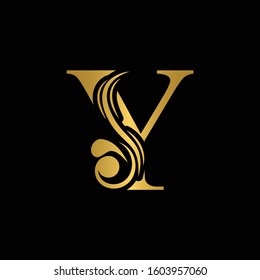 Golden letter Y. Gold flower alphabet.  Beautiful golden capital letters with shadow