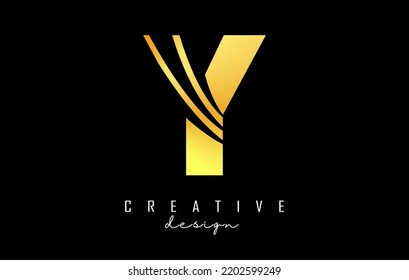 Golden letter Y logo with leading lines and negative space design. Letter with geometric and creative cuts design. Vector Illustration with letter.