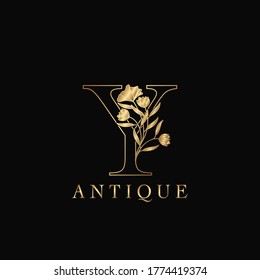 Golden Letter Y Luxury Flowers Initial Logo Template Design. Monogram antique ornate nature floral leaf with initial letter.