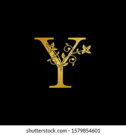 Golden Letter Y Luxury  Logo Icon, vintage design concept floral leaves with letter  Y gold color for initial, luxuries business, hotel, wedding service and more brand identity.