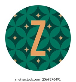 A golden letter Z centered within a green circle featuring a flower-like geometric pattern. Perfect for eco-friendly branding, modern digital designs, or elegant packaging.