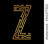 Golden Letter Z with Electronic Circuit Lines and Dots on a Black Background, Suitable for Technology and Communication Concepts