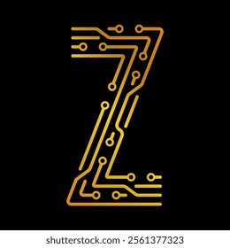 Golden Letter Z with Electronic Circuit Lines and Dots on a Black Background, Suitable for Technology and Communication Concepts