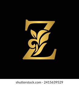 golden letter Z flower letters. Vintage ornament initial Alphabet. Logo vector	