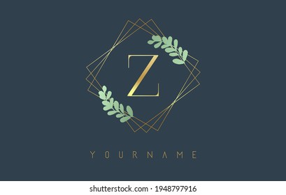 Golden Letter Z Logo With golden square frames and green leaf design. Creative vector illustration with letter Z for beauty, fashion, jewelry, luxury, natural products or eco services.