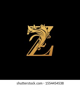 Golden Letter Z Luxury  logo.  Design concept vintage  luxury classy gold monocrome leaves with letter logo icon best for initial, luxury, boutique, restaurant, wedding service, hotel.